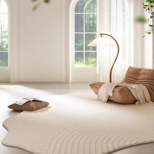 Minimalist Luxury Irregular Shaped Area Rug Cream White Curved Striped Texture Indoor Rugs 10x16 for Livingroom Bedroom Diningroom Nursery Dorm Guestroom Modern Neutral Washable Non Slip Soft Carpet