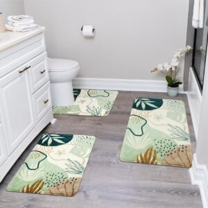 3-Piece Bath Mat Set, Green, 18x25 + 20x31 + U-Shape 20x24 Inch, Modern, Non-Slip, Machine Washable