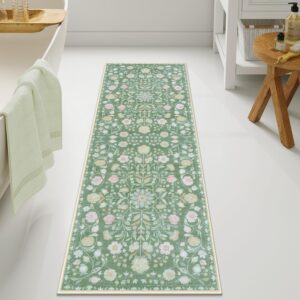 Bathroom Runner Green Floral Long Bath Mat Ultra Soft Machine Washable Large Bathroom Rugs Non-Slip Boho Vintage Floral Bath Rugs for Entryway Bedroom Hallway, 20x60 inch