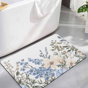 Bathroom Rug Absorbent Bath Rug, Spring Elegant Blossom Floral Kitchen Floor mats Non-Slip Diatomaceous Earth Bath Mat, Multicolor Flower Leaves Quick Dry Shower Mat Bath Rugs 18x30in