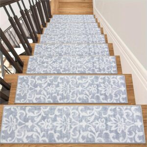 Carpet Stair Treads Non Slip Backing, 15 Pack 8" X 30" Stair Treads for Wooden Steps Indoor, Soft Washable Stairway Stair Runners Oriental Staircase Rugs for Kids Pets Elders(15pc, Grey)