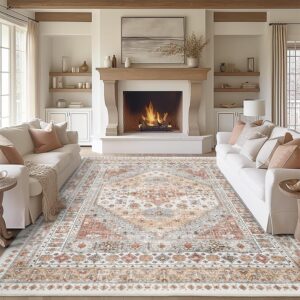 8x10 Area Rugs for Living Room,Non-Slip Backing Washable Rugs,Vintage Large Area Rug，Stain Resistant Home Decor Rug (Orange,8'x10')