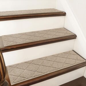 Edging Stair Treads Non-Slip Carpet Mat 28inX9in Indoor Stair Runners for Wooden Steps, Edging Stair Rugs for Kids and Dogs, 100% Polyester TPE Backing (15pc, Beige)