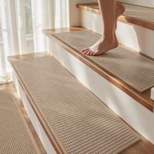 15PC Jute Stair Treads for Wooden Steps-Stairs Carpet Non Slip-Peel and Stick Stair Treads Indoor, Adhesive Staircase Step Treads Residue Free, Durable Natural Stair Runner Rug,8"x30" Beige
