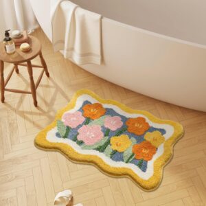 Cute Bathroom Rug,Scalloped Floral Washable Bath Mat,32’’X20’’Pink and Orange Small Boho Rugs for Shower, Sink,Bedroom,Kitchen Decor