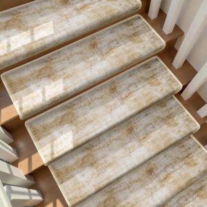 Bullnose Stair Treads for Wooden Steps, Non-Slip Peel and Stick Carpet Stair Runner, Pet Friendly Indoor Stair Protectors, Soft Washable Reusable,9.5x30 14Pcs,Brown