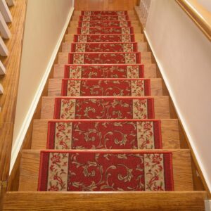 Stair Treads for Wooden Steps Indoor 8.5” x 26” Slip Resistant Machine Washable Staircase Carpet Mat, Safe for Elders, Kids and Pets  Floral Design Red Color, Set of 13